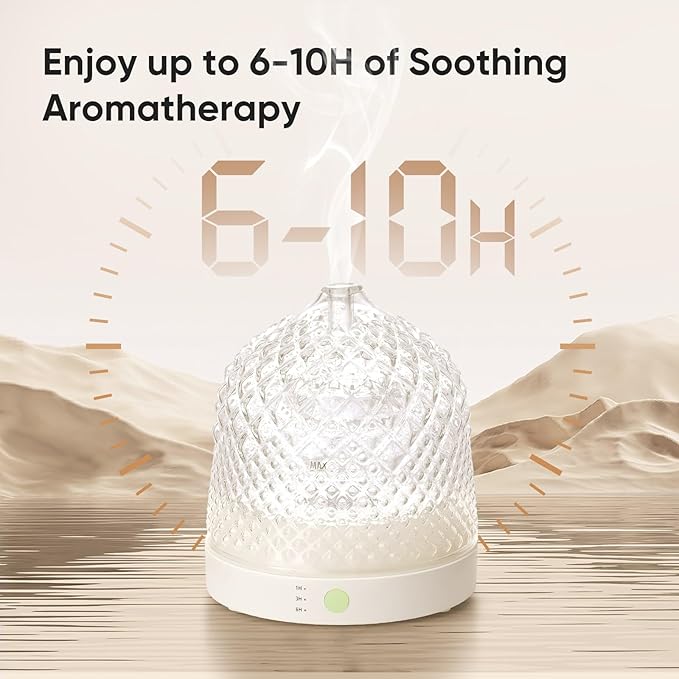 Lecdura Glass Essential Oil Diffuser, 200ml Ultrasonic Aroma Diffusers with Glass Reservoir Dome & White Plastic Base Lock Color Auto-Off Timer 7 Color Light for Home Office Bedroom Yoga