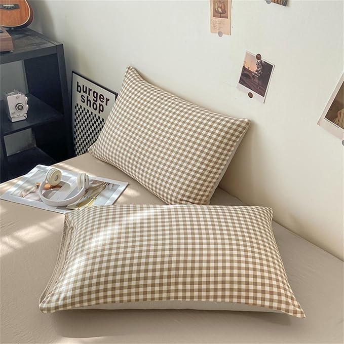 Nayoroom Gingham Duvet Cover Twin Size Brown Tan Plaid Checkered Comforter Cover 2 Pieces Soft Lightweight Washed Microfiber Farmhouse Grid Dorm Bedding Set with Pillowcases