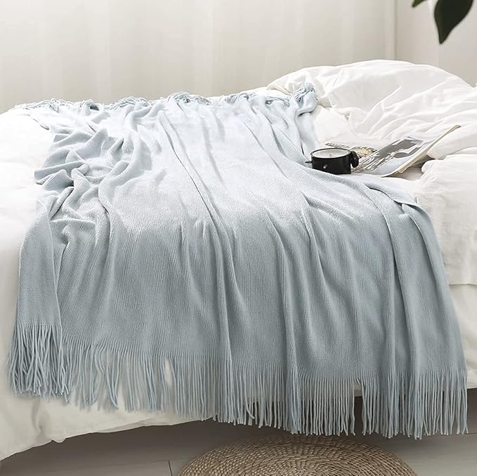 Homiest Decorative Knitted Throw Blanket with Fringe, Lightweight Acrylic Knit Blanket, Soft & Cozy Tassel Blanket for Couch Sofa Bed (Mist Blue, 60 x 80 Inch)
