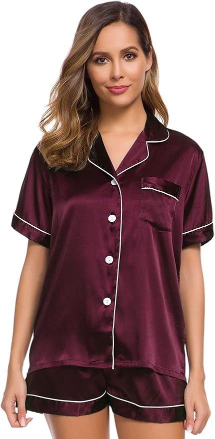 SWOMOG Womens Silk Satin Pajamas Set Short Sleeve Sleepwear Button Down Top and Shorts Loungewear 2 Piece Pjs Set XS-3XL