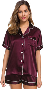 SWOMOG Womens Silk Satin Pajamas Set Short Sleeve Sleepwear Button Down Top and Shorts Loungewear 2 Piece Pjs Set XS-3XL