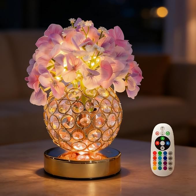 VEEKI Hydrangea Flower Lamp with Remote, Rechargeable 16 Colors Changing Artificial Flower Table Lamp with 4 Modes, Dimmable Touch Cordless Lamp for Bedroom Room Home Decor, Gift for Mom Women (Pink)