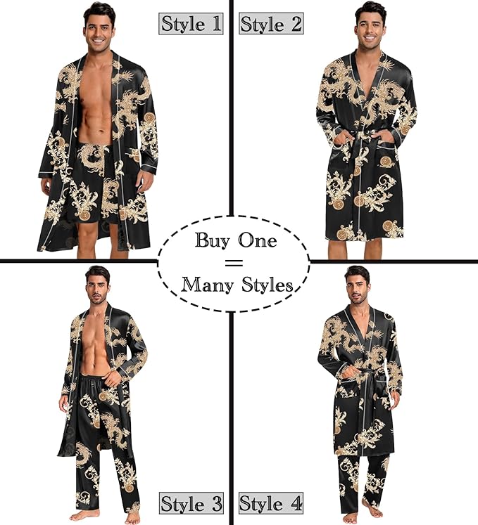 SWOMOG Mens 3 PCS Satin Robe with Pants & Shorts Set Kimono Bathrobe Long Sleeve Sleepwear Pjs Sets with Pockets