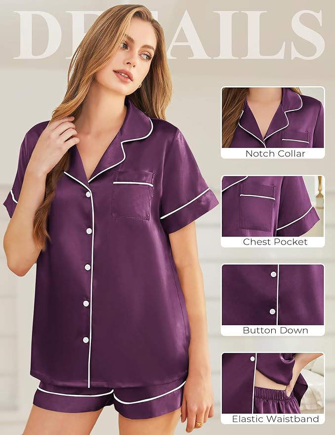 Silk Pajamas for Women Short Sleeve Sleepwear Soft Button Down Loungewear 2 Piece Satin Pjs Shorts Set S-XXL