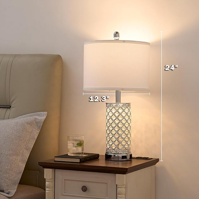 SAIWEYA Crystal Table Lamps Set of 2, 3-Way Dimmable Bedside Lamp with 2 USB Ports & AC Outlets for Living Room Bedroom Nightstand Lamp Night Light (Silver- 2 Pack 24In)