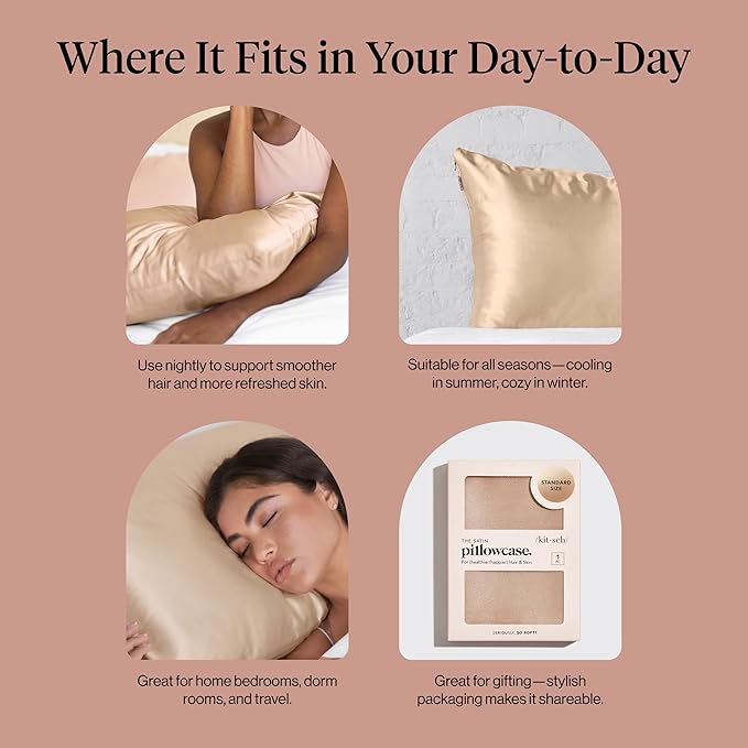 Kitsch Satin Pillowcase with Zipper for Hair & Skin - Softer Than Silk Pillow Cases, Cooling Satin Pillow Case, Wrinkle-Free, Machine Washable - Pillow Cases Standard Size 19x26 - Champagne