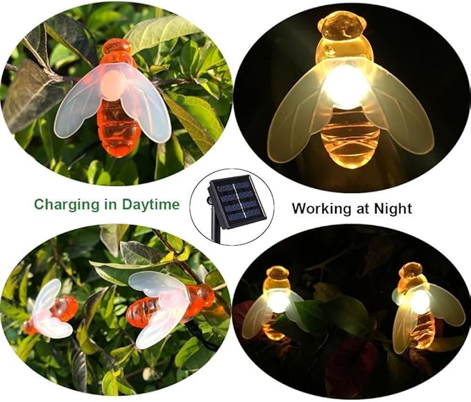 Honeybee Solar String Lights,Waterproof 20FT 30Led Bumble Bee Shape Solar Powered Fairy String Lights for Outdoor Garden Summer Party Wedding Xmas Decoration(Warm White)