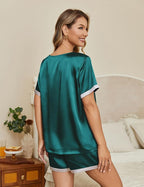 Ekouaer Silk Pajamas for Women Short Sleeve Satin Sleepwear Soft 2 Piece Pjs Shorts Set Loungewear,S-XX