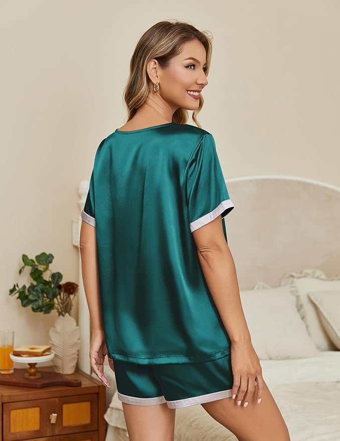 Ekouaer Silk Pajamas for Women Short Sleeve Satin Sleepwear Soft 2 Piece Pjs Shorts Set Loungewear,S-XX