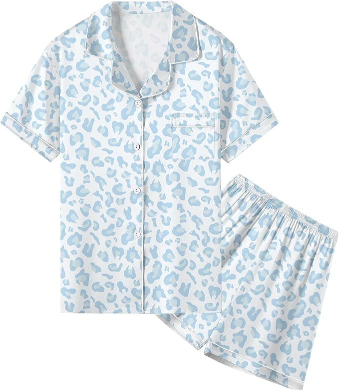 Umeyda Women & Girls Pajamas Set, Soft Satin Lightweight Silk Button-Down Top with Shorts 2 Piece PJS for Mom Boys Kids Gifts