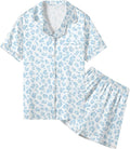 Umeyda Women & Girls Pajamas Set, Soft Satin Lightweight Silk Button-Down Top with Shorts 2 Piece PJS for Mom Boys Kids Gifts