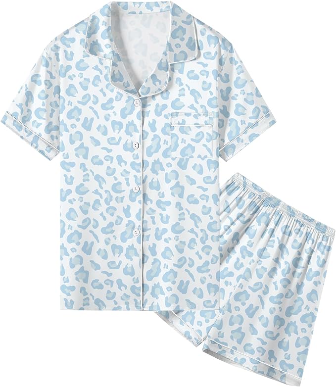 Umeyda Women & Girls Pajamas Set, Soft Satin Lightweight Silk Button-Down Top with Shorts 2 Piece PJS for Mom Boys Kids Gifts