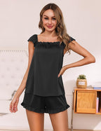 Satin Pajama Set for Women 2 Piece Silk Pjs Ruffle Sleeve Top and Shorts Cute Bridal Sleepwear Set S-XXL