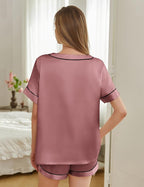 Silk Pajamas for Women Short Sleeve Satin 2 Piece Pj Set Soft V Neck Sleepwear Loungewear, S-XXL