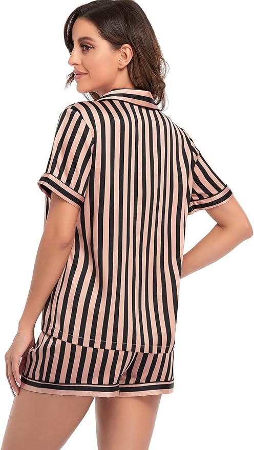 Serenedelicacy Women's Satin Pajama Set 2-Piece Sleepwear Loungewear Button Down Short Sleeve Silky PJ Set