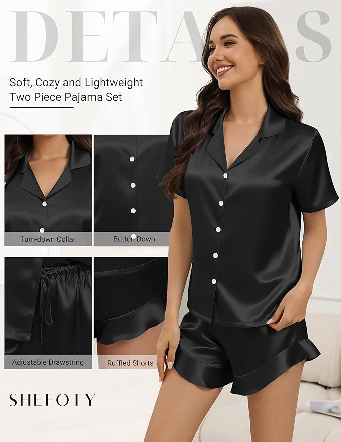 Silk Pajamas for Women Button Down 2 Piece Satin Pjs Shorts Set Ruffle Notch Collar Sleepwear Loungewear