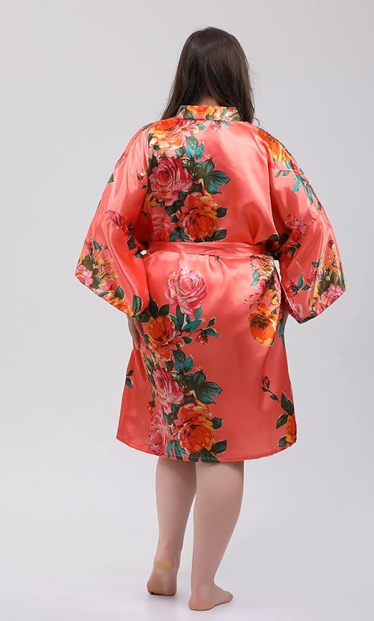 QXQTER Peony Floral Silky Satin Robe Wedding Bridal Party Bride Bridesmaid Robes for Women Dressing Gown Kimono Robe