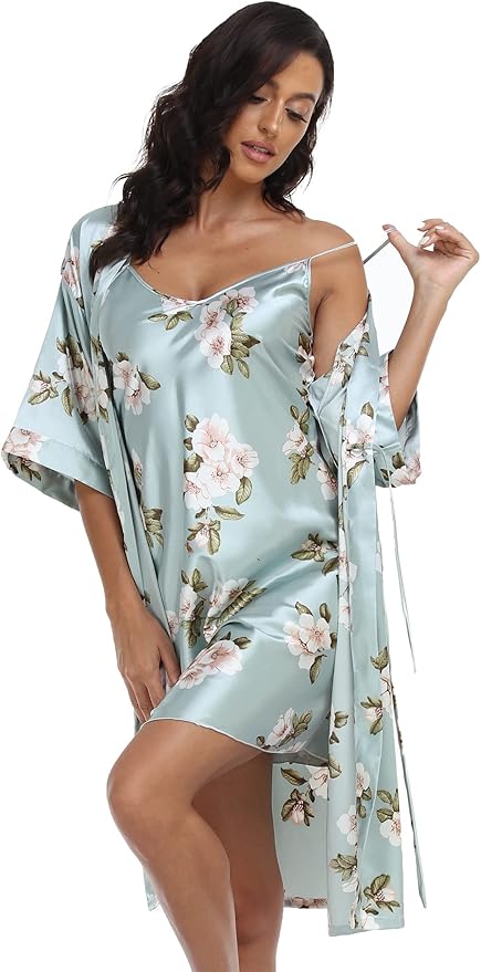 Women's Satin Robes Set with Nightgown Silk Kimono Pajamas 2 Piece Sleepwear Camisole Wedding Bride Gown Set