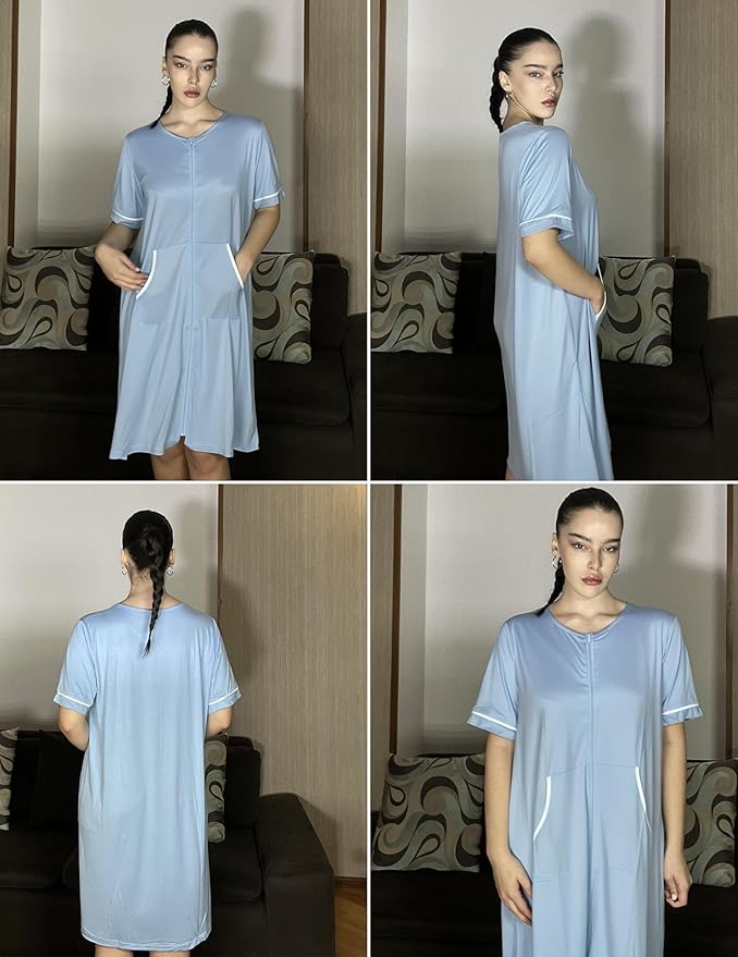 Ekouaer Women Zipper Robe Short Sleeve Duster Housecoat Short Bathrobes Zip Front Nightgown with Pockets S-3XL