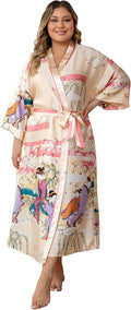 Women's Floral Long Satin Robes Plus Size Long Silk Robes Peacock Floral Kimonos Sleepwear Dressing Gown