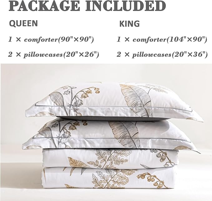 ALEISSEL Natural Cotton 3pcs Floral Comforter Sets Queen Size-Gray Comforter with Luxurious Brown Branches and Taupe & Gray Leaves on White, Reversible Lightweight Bedding Sets(Queen)