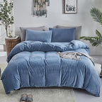 Luxlovery Blue Velvet Comforter Set Twin Lake Blue Flannel Plush Bedding Set Winter Thick Warm Solid Haze Blue Quilts Blanket Soft Heavyweight Comforter Set for Twin Bed