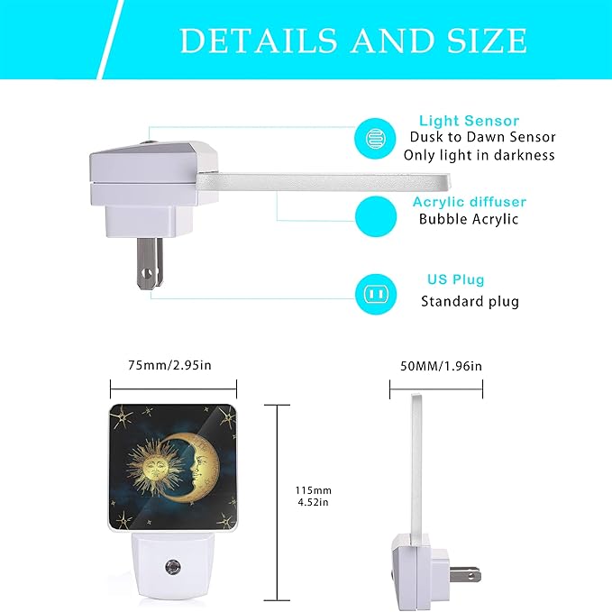 Celestial Moon Golden Sun Night Light,Boho Chic Stars Night Lights Plug into Wall with Dusk to Dawn Light Sensors 0.5W Dim Night-Lights for Bedroom