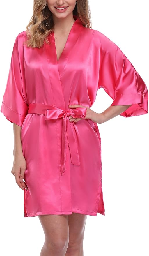 Women's Pure Color Satin Kimono Robe Short Bridesmaids Robe Dressing Gown