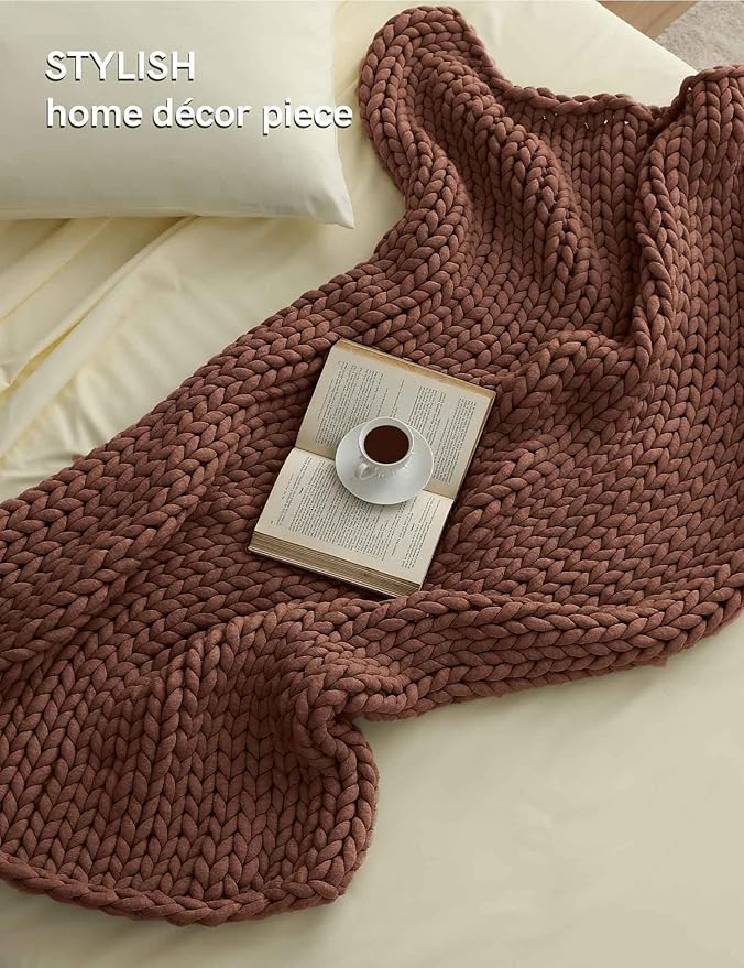 YnM Chunky Throw Blanket, Medium-Weight, Hand Knitted, Skin Friendly, Ventilated and Breathable, Machine Washable, Home Décor Piece for Couch, Sofa and Bed (Brown, 40x50 Inch)