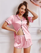 Ekouaer Womens Silk Satin Pajamas Short Sleeve PJS Shorts Set Soft Button Down Sleepwear 2 Piece Loungewear S-5XL