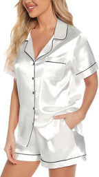Samring Women's Silk Satin Pajamas Set Short Sleeve Sleepwear Two Piece Button Down Pj Set with Pockets S-XXL