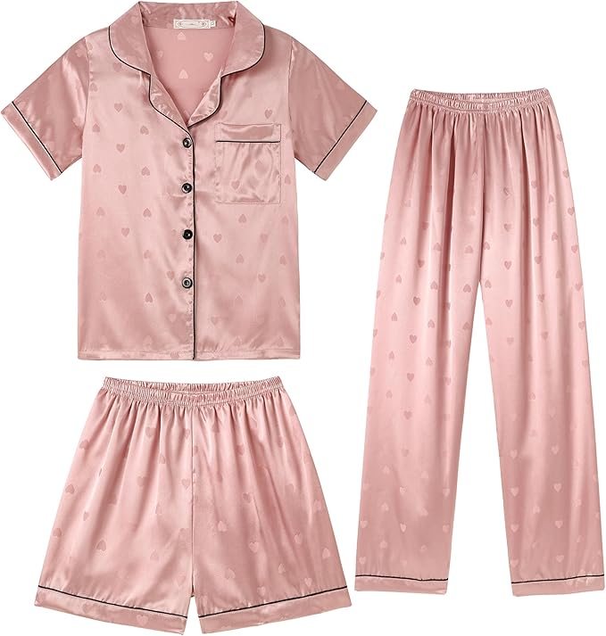 Hupohoi Unisex Girls Boys Kids Pajama Sets Button Down Satin Sleepwear Nighty 3PCS Silky Lounge Sets Nightwear