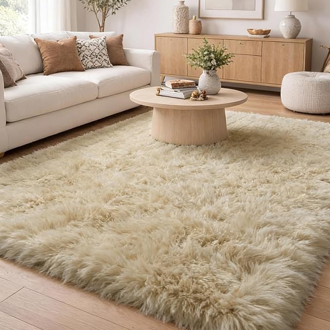Amdrebio Beige Area Rugs for Bedroom Kids Room, 5x7 Fluffy Plush Shag Furry Cute Rug for Living Room Decor Aesthetic, Soft Shaggy Fuzzy Neutral Tan Carpet for Teens Baby Nursery Playroom Preppy Dorm