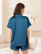 Ekouaer Womens Lace Satin Pajama Set Button Down Pj Shorts Set Bridesmaids Getting Ready Outfits Casual Sleepwear XS-XXL