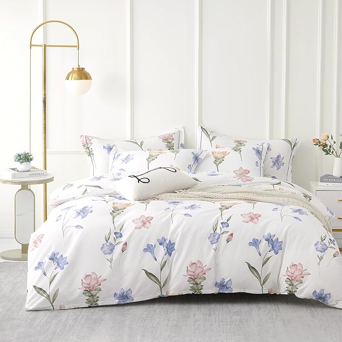 ALEISSEL Natural Cotton 3pcs Floral Comforter Sets Queen Size - White Comfoter with Blush,Blue & Beige Floral Prints, Neutural Refresh Lightweight Bedding Sets(Queen 90"×90")