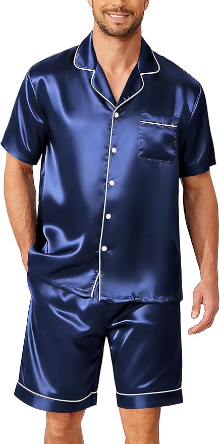 Ekouaer Mens Pajamas Set Silk Satin Sleepwear Short Sleeve Button Down Pjs Set 2 Piece Loungewear with Pockets S-XXL