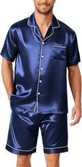Ekouaer Mens Pajamas Set Silk Satin Sleepwear Short Sleeve Button Down Pjs Set 2 Piece Loungewear with Pockets S-XXL