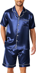 Ekouaer Mens Pajamas Set Silk Satin Sleepwear Short Sleeve Button Down Pjs Set 2 Piece Loungewear with Pockets S-XXL