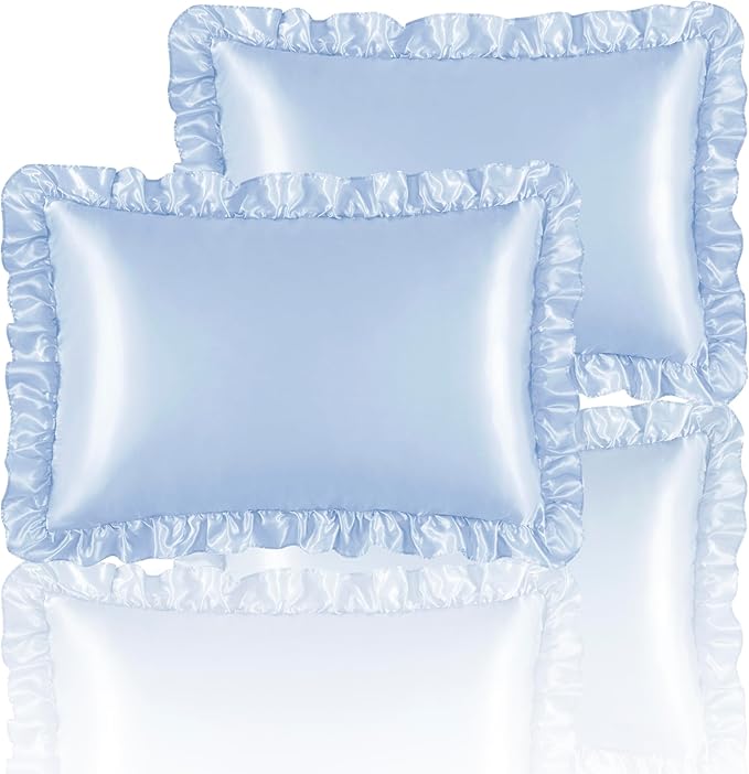 Silky Satin Ruffled Pillow Cases for Hair and Skin,Light Blue Silk Pillowcases King Set of 2 with Envelope Closure Princess Room