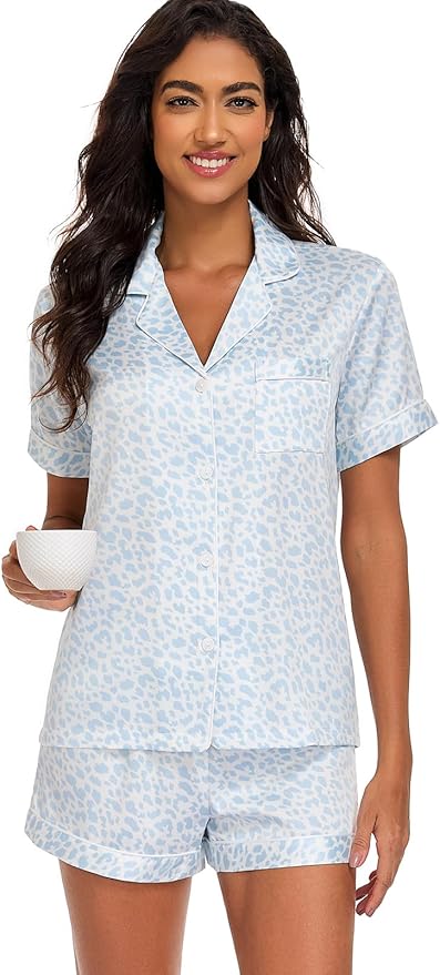 Serenedelicacy Women's Satin Pajama Set 2-Piece Sleepwear Loungewear Button Down Short Sleeve Silky PJ Set