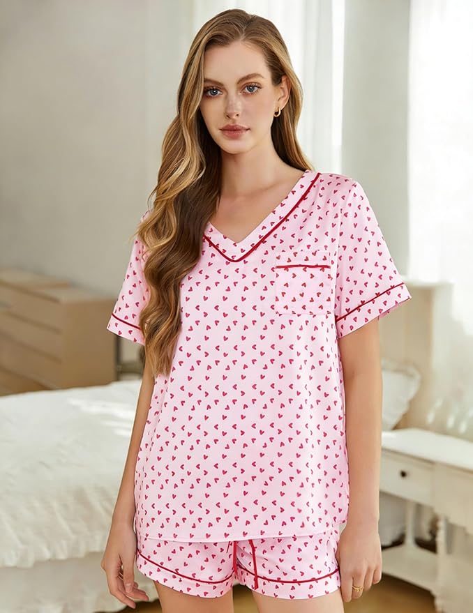 ASTANFY Valentines Day Pajamas Women 2 Piece Silk Valentine Pjs Cute Heart Pajamas V Neck Satin Sleepwear Loungewear Set