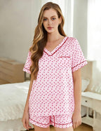 ASTANFY Valentines Day Pajamas Women 2 Piece Silk Valentine Pjs Cute Heart Pajamas V Neck Satin Sleepwear Loungewear Set