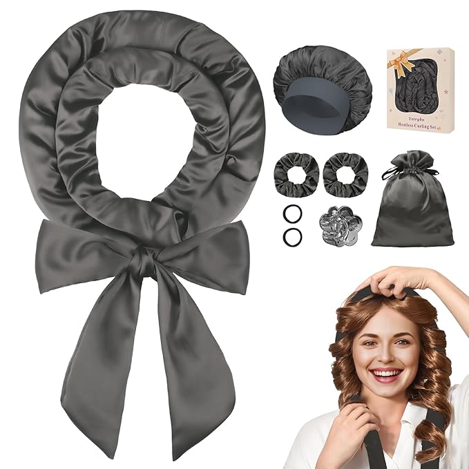 Satin Heatless Hair Curler Curls Overnight Hair Curlers to Sleep in, Hair Curlers No Heat Curls Overnight, Heatless Curling Set for Women Long Hair - 8 Pcs (Dark Gray)