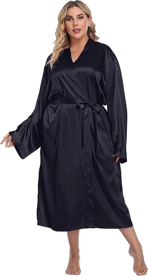 Women's Plus Size Satin Kimono Robes Long Silky Bathrobe Lightweight Sleepwear Wedding Dressing Gown