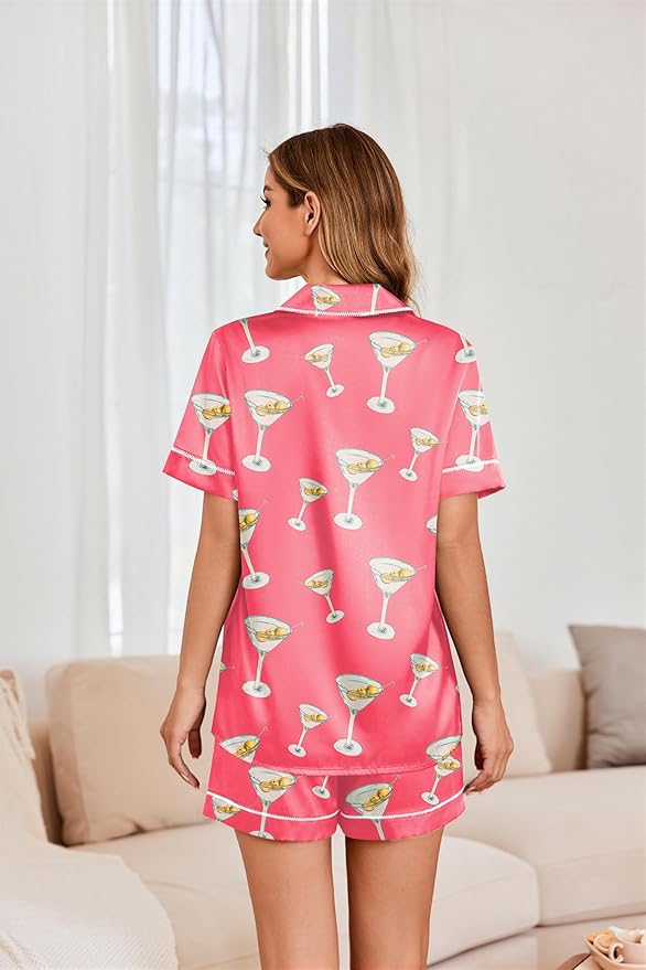 Ekouaer Womens Satin Silk Pajamas Set Short Sleeve Sleepwear Button Down Top and Shorts Loungewear 2 Piece Pjs Set S-XXL