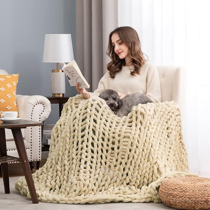 HBlife Chunky Knit Throw Blanket 40X40 Inches, Super Warm Soft Chenille Yarn Cable Knitted Blankets and Throws Boho Giant Cozy Thick Crochet Blanket for Sofa Bed Couch, Beige