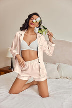 Ekouaer Satin Pajama Set for Women Button Down Pj Set Long Sleeve Top and Shorts 2 Piece Loungewear Summer Soft Sleepwear