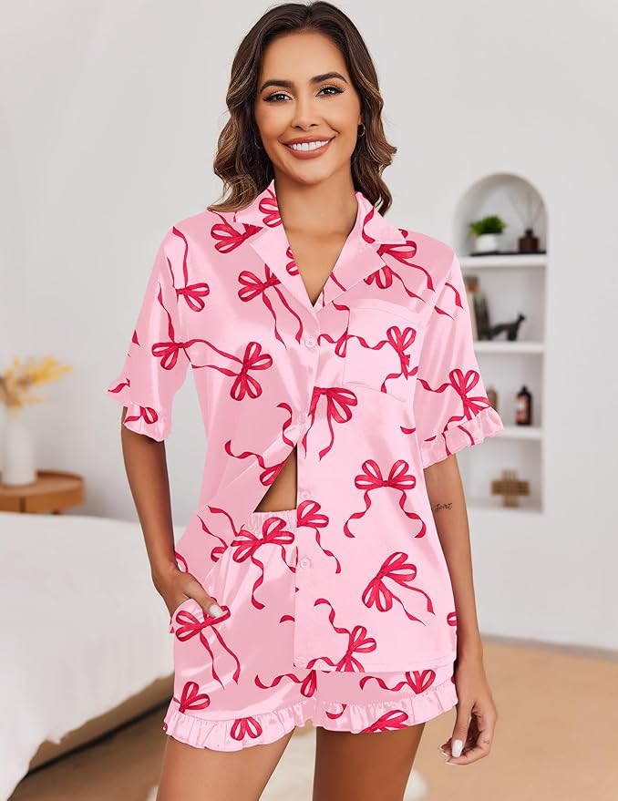 Ekouaer Satin Pajama Set for Women Button Down Silk 2 Piece Pj Sets Ruffle Short Sleeve Sleepwear