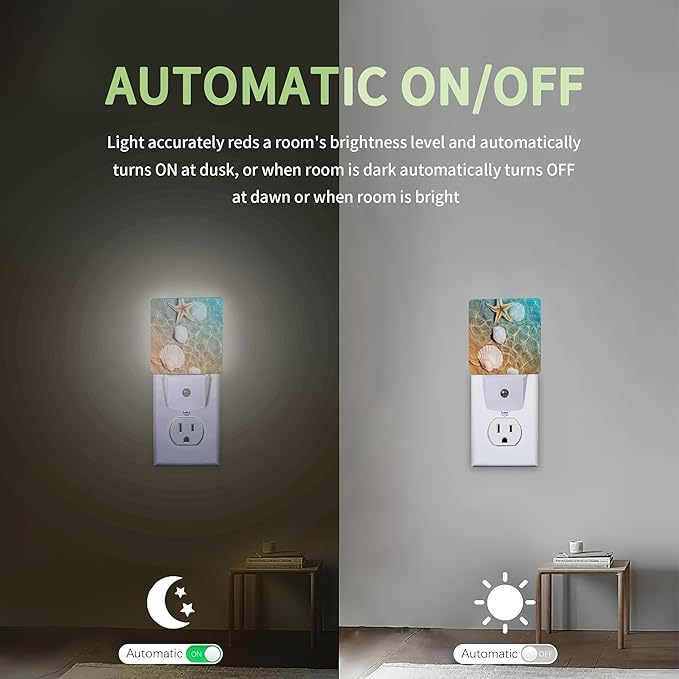Starfish Seashell on Beach Night Light, Summmer Beach Night Light Plug into Wall with Dusk to Dawn Sensor, LED Lamp Energy Saving Lights for Men Women Boys Girls,Lamp for Bedroom Bathroom Hallway