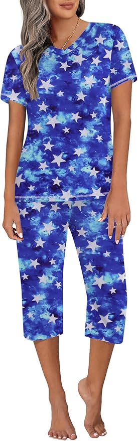 Ekouaer Women's Sleepwear Capri Pajama Sets Short Sleeve Two-Piece Pjs V Neck Tops & Capri Pants with Pockets S-3XL